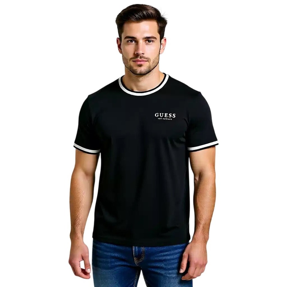 Guess Mens Black Ringer T-Shirt White Logo Crew Neck Large NWT - Picture 1 of 6